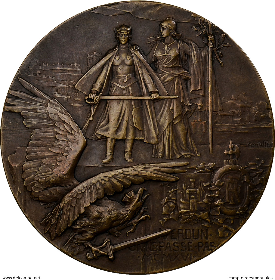 France, Médaille, A La Gloire Des Héros De Verdun, 1916, Bronze, Pillet, SPL - Other & Unclassified