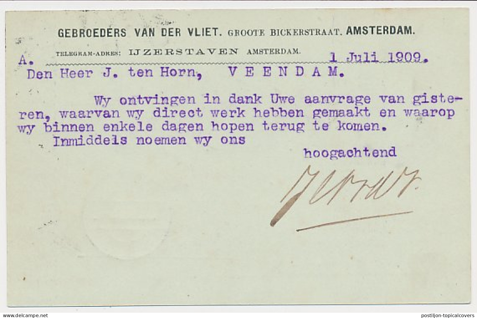 Briefkaart G. 68 Particulier Bedrukt Amsterdam 1909 - Ganzsachen