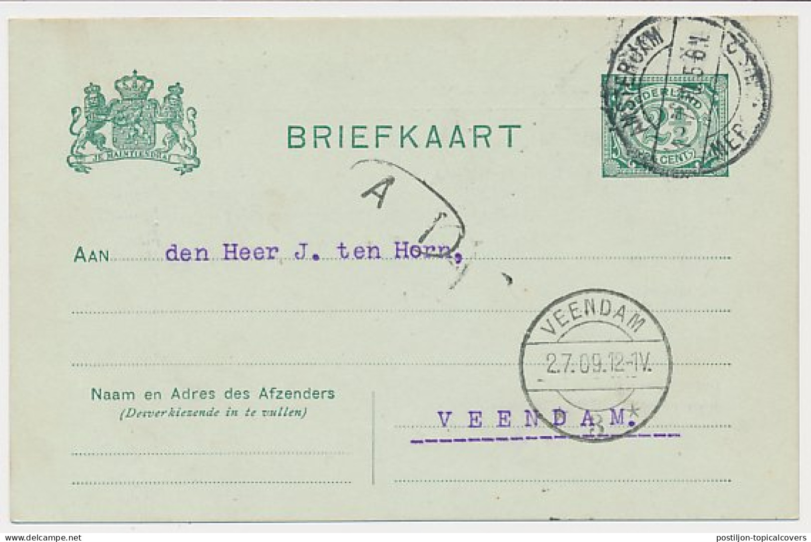 Briefkaart G. 68 Particulier Bedrukt Amsterdam 1909 - Entiers Postaux