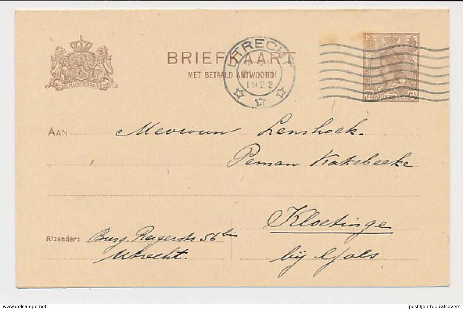 Briefkaart G. 123 II Utrecht - Kloetinge 1922 - Entiers Postaux