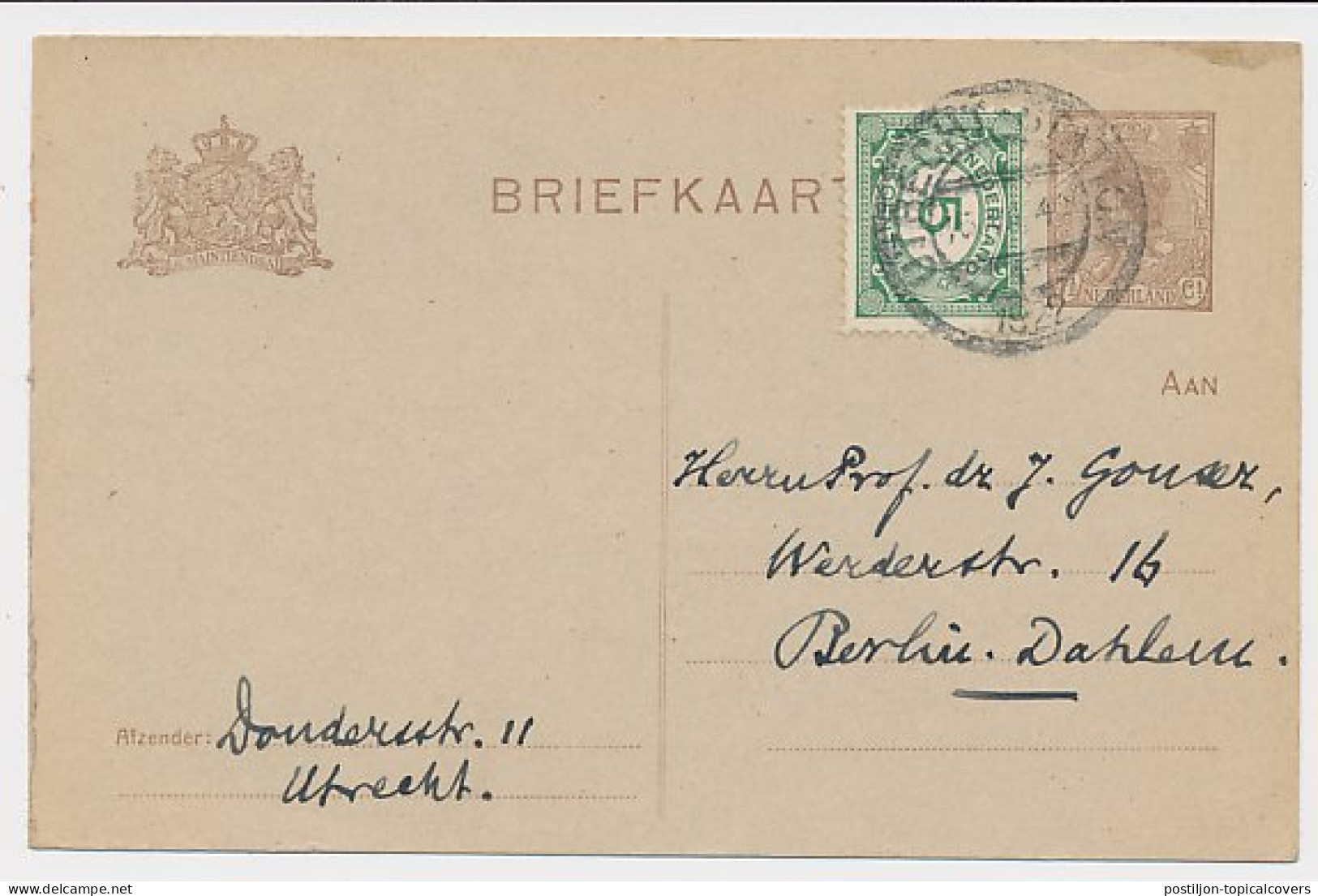 Briefkaart G. 191 I / Bijfrankering Utrecht - Duitsland 1922 - Entiers Postaux