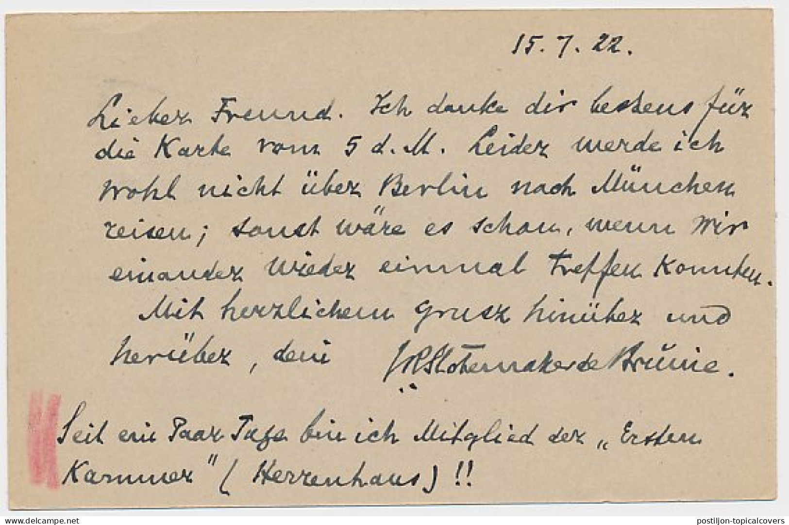 Briefkaart G. 191 I / Bijfrankering Utrecht - Duitsland 1922 - Interi Postali