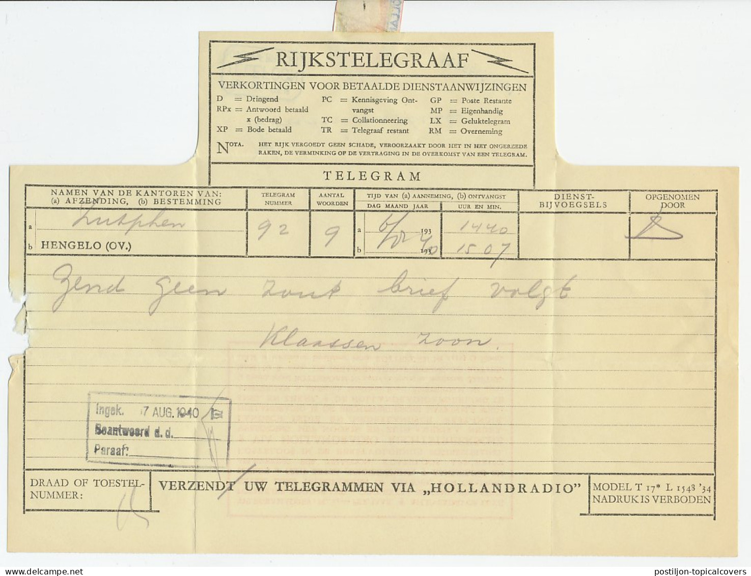 Telegram Zutphen - Hengelo 1940 - Ohne Zuordnung