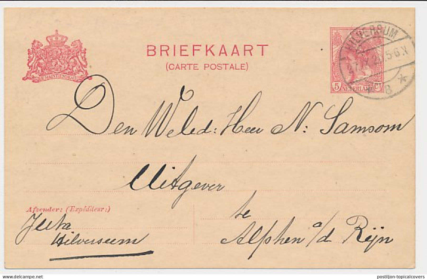 Briefkaart G. 84 A II Hilversum - Alphen A.d. Rijn 1920 - Entiers Postaux
