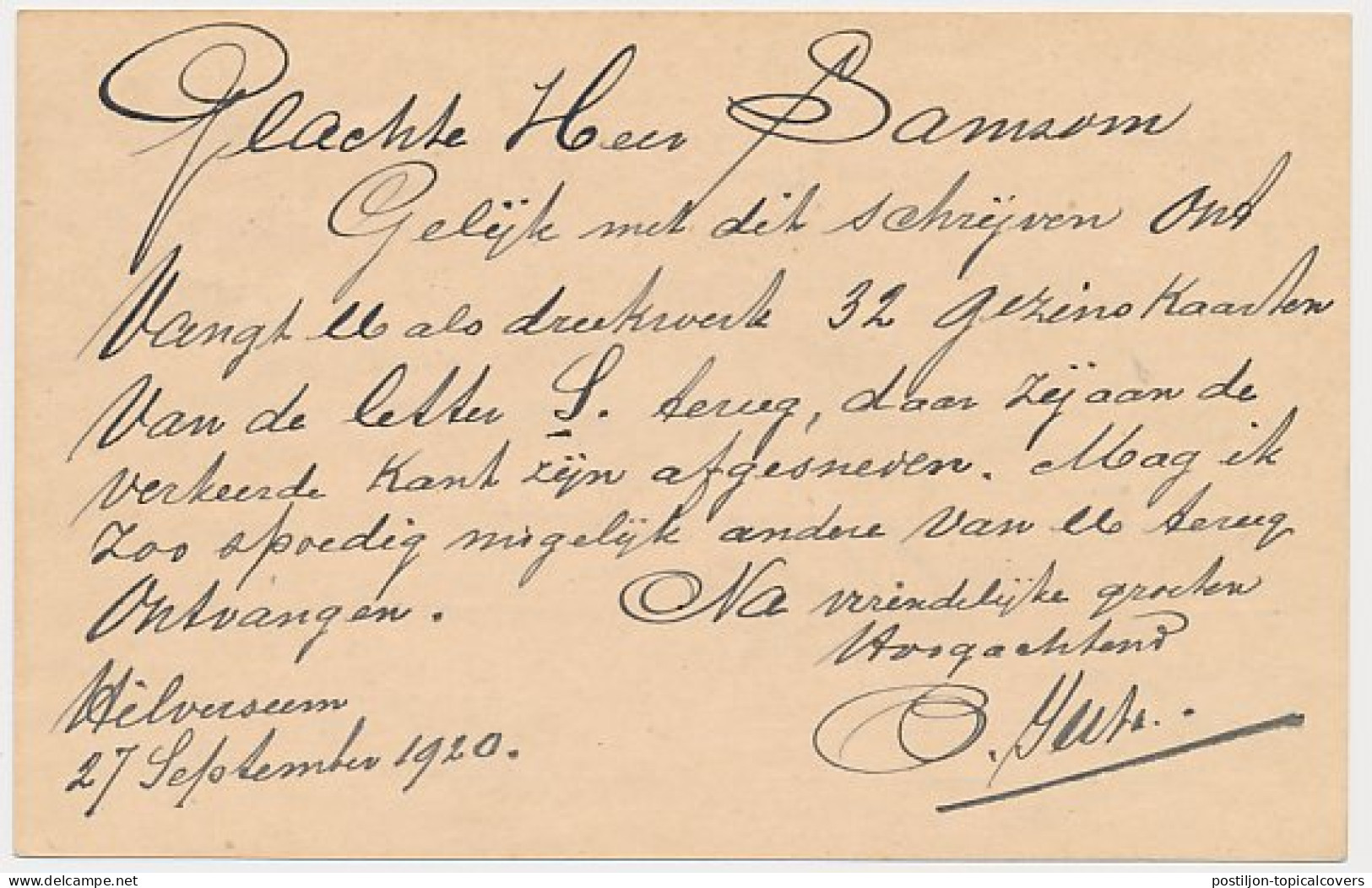 Briefkaart G. 84 A II Hilversum - Alphen A.d. Rijn 1920 - Ganzsachen