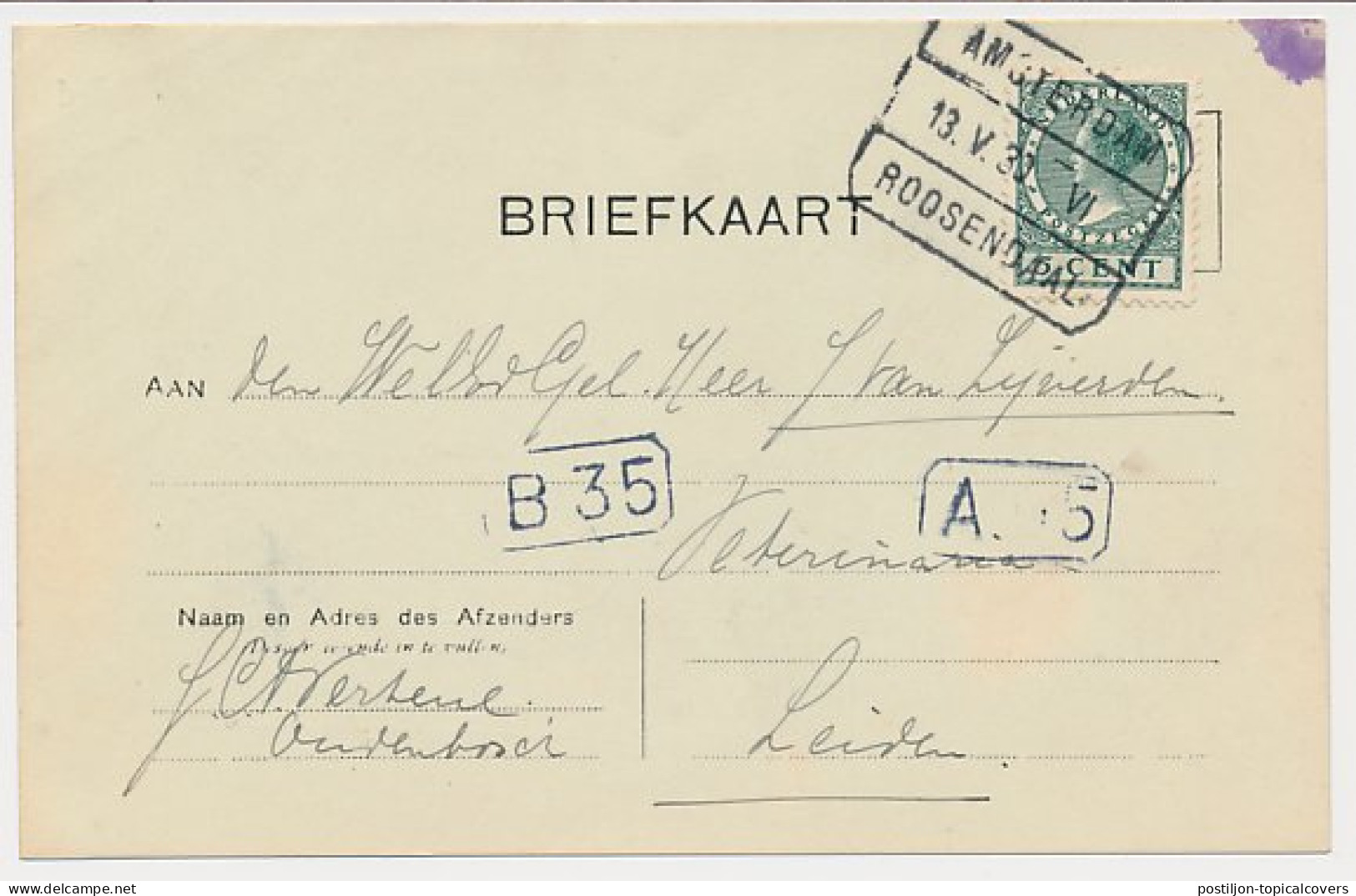 Treinblokstempel : Amsterdam - Roosendaal VI 1930 - Ohne Zuordnung