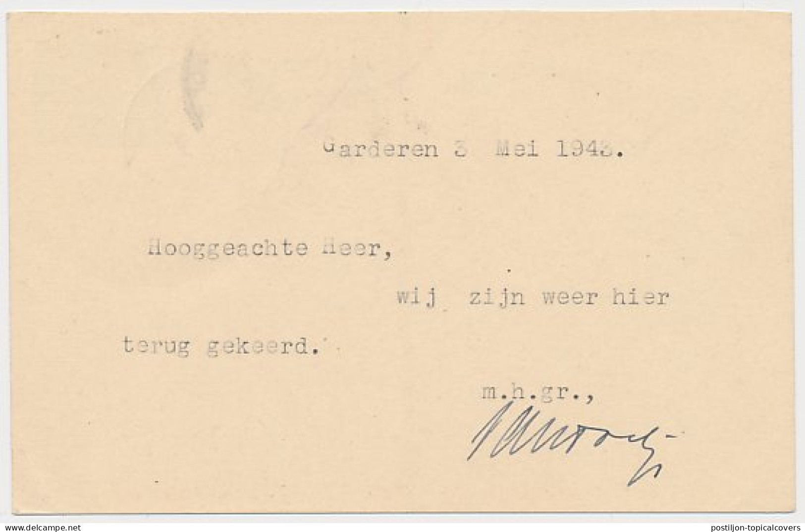 Briefkaart G. 266 A-krt. Garderen - Alphen A.d. Rijn 1943 - Entiers Postaux