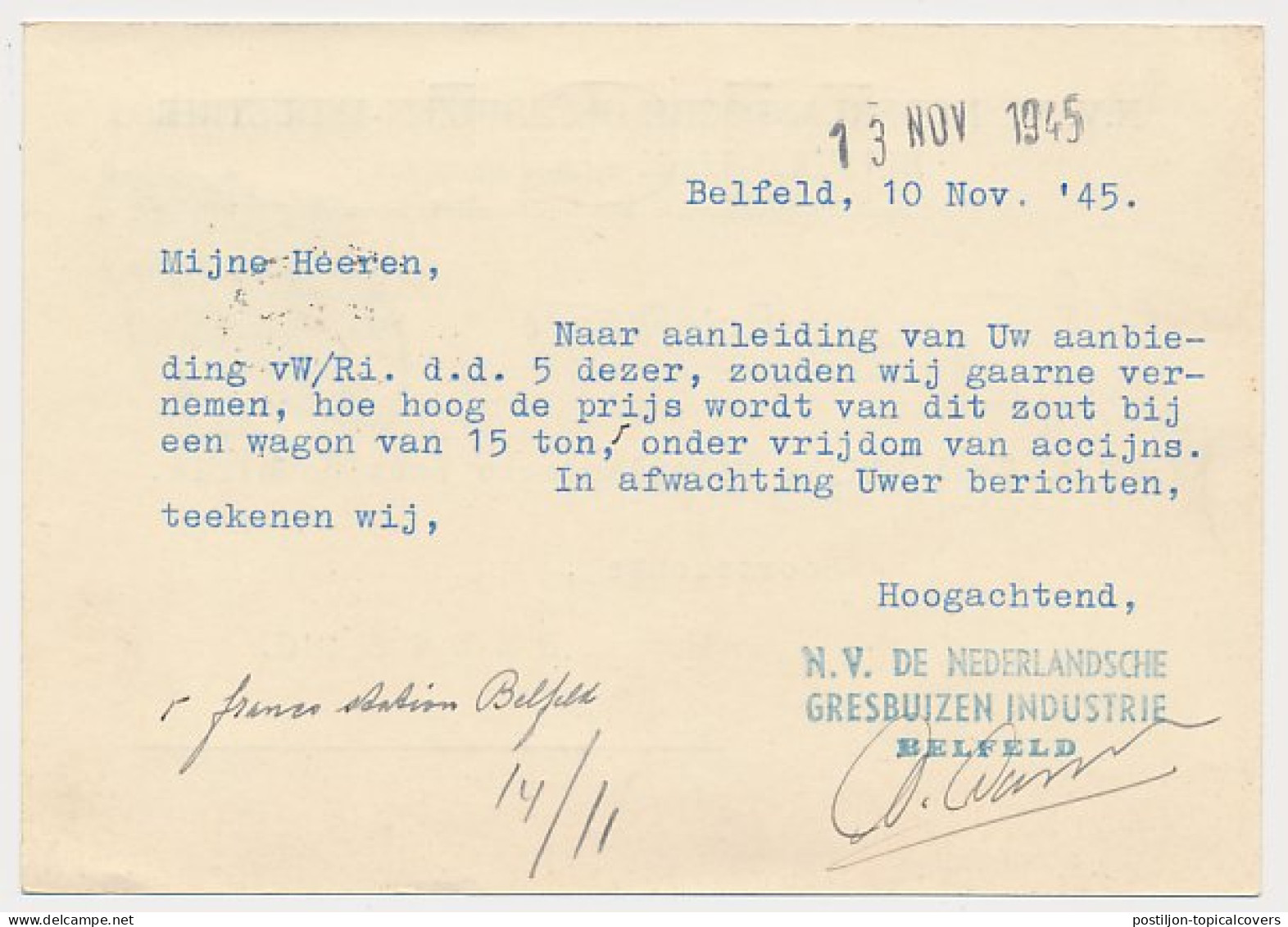 Firma Briefkaart Belfeld 1945 - Gresbuizen Industrie - Ohne Zuordnung