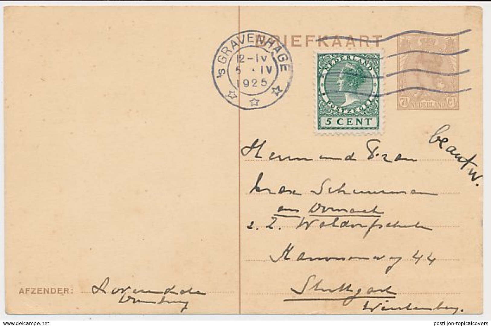 Briefkaart G. 198 / Bijfrankering Den Haag - Duitsland 1925 - Entiers Postaux