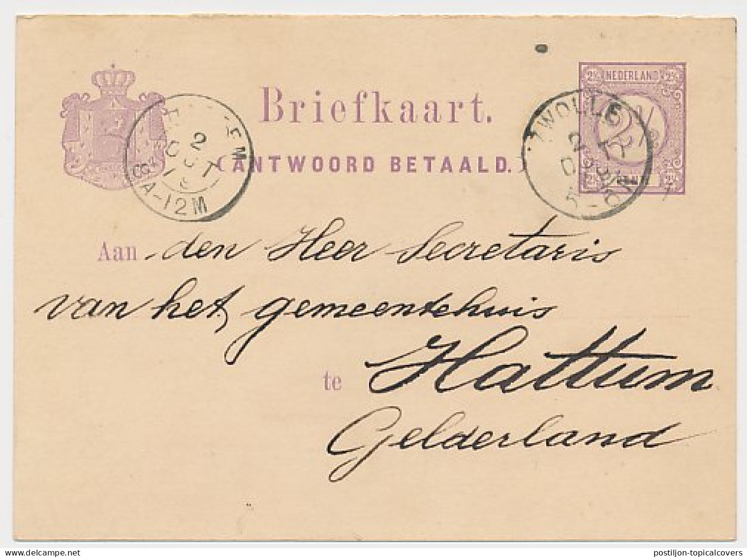 Briefkaart G. 19 V-krt Zwolle - Hattem 1879 - Int. Tekst - Entiers Postaux
