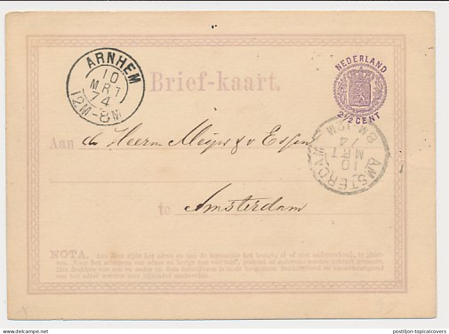 Briefkaart G. 4 Arnhem - Amsterdam 1874 - Interi Postali