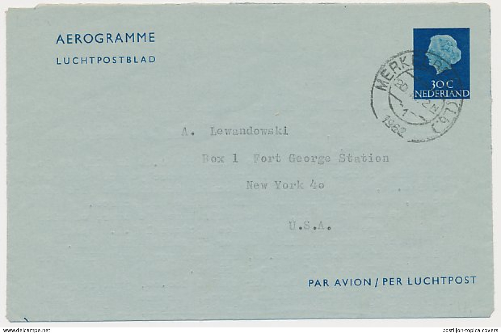 Luchtpostblad G. 10 Merkelbeek - New York USA 1962 - Postal Stationery