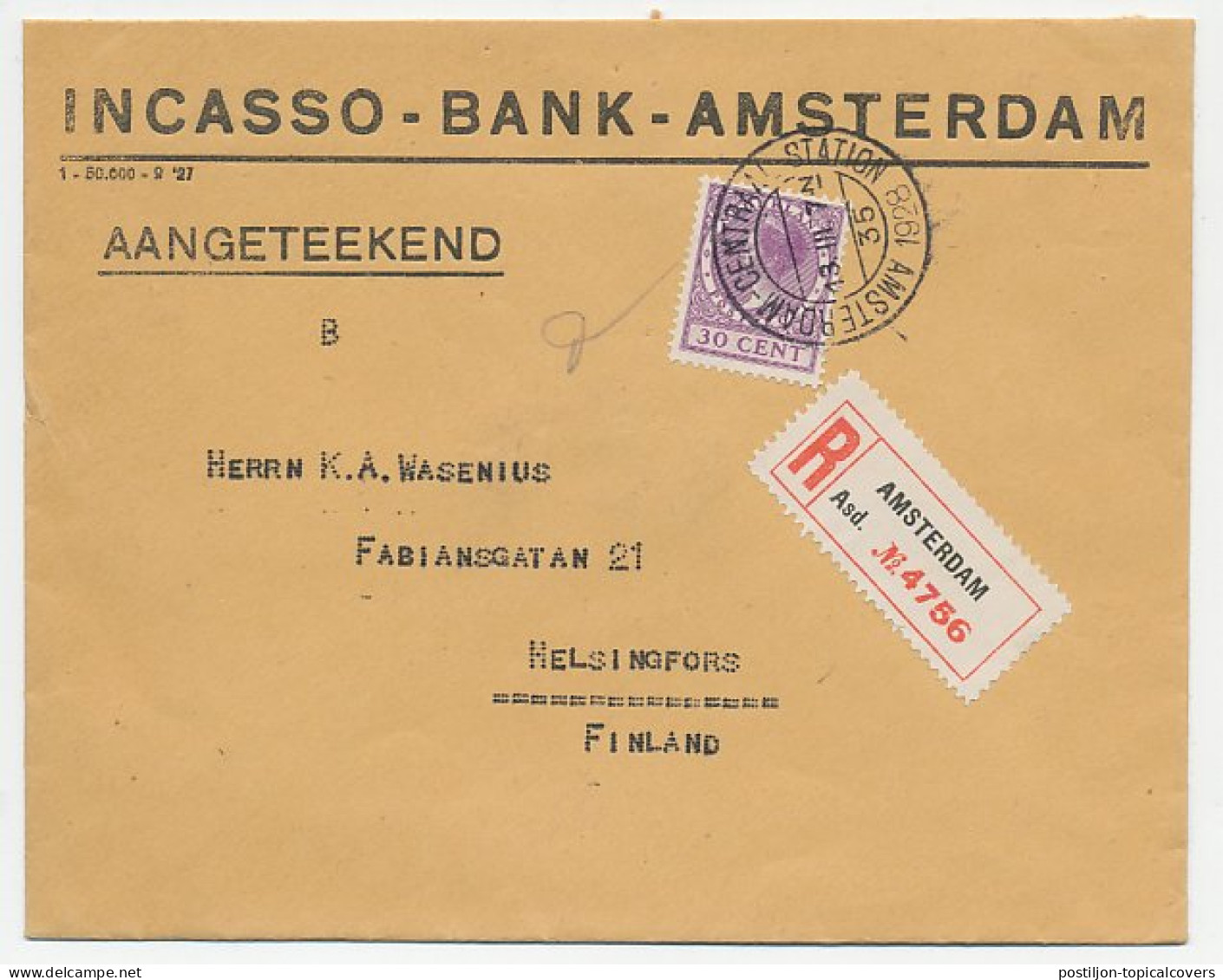 Em. Veth Aangetekend Amsterdam - Finland 1928 - Ohne Zuordnung