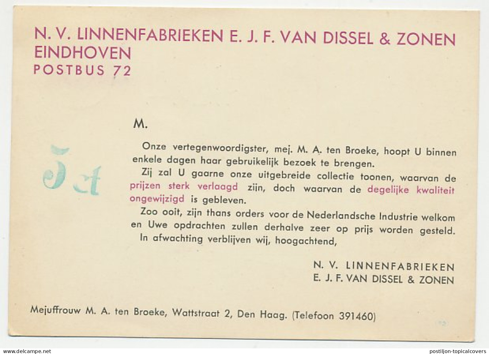 Firma Briefkaart Eindhoven 1934 - Linnenfabriek Van Dissel - Unclassified