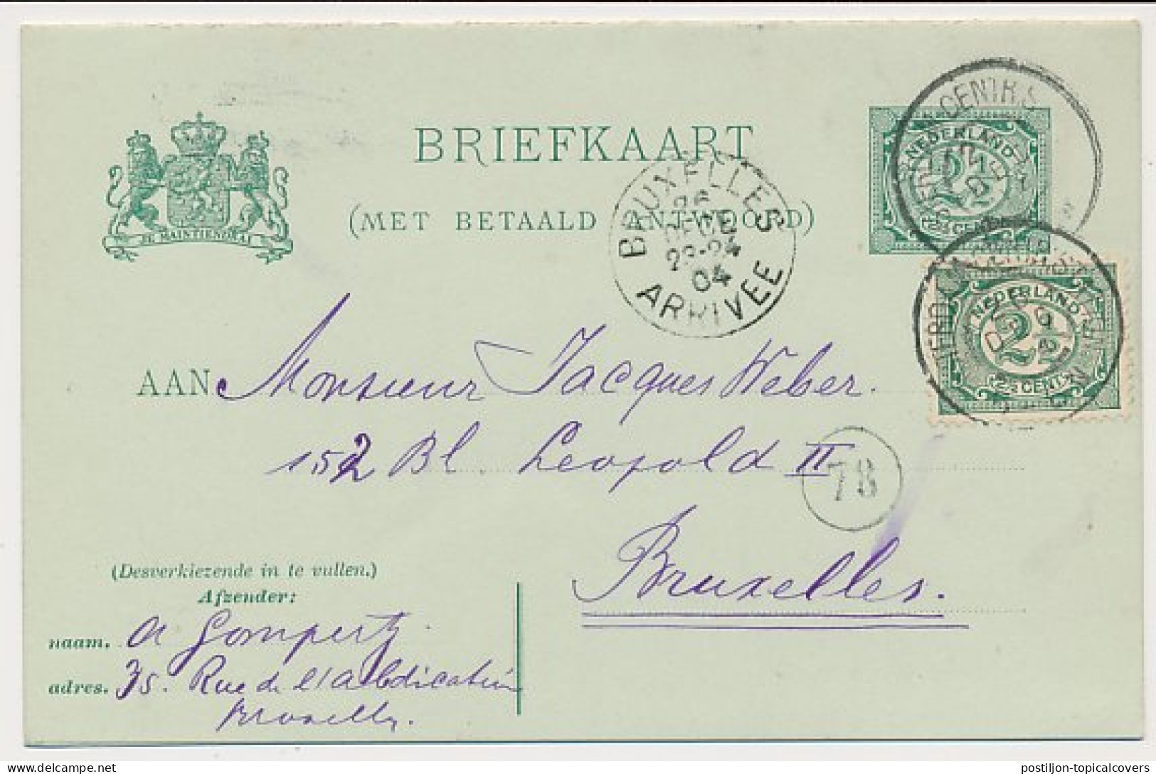 Briefkaart G. 60 / Bijfrankering Amsterdam - Belgie 1904 - Ganzsachen