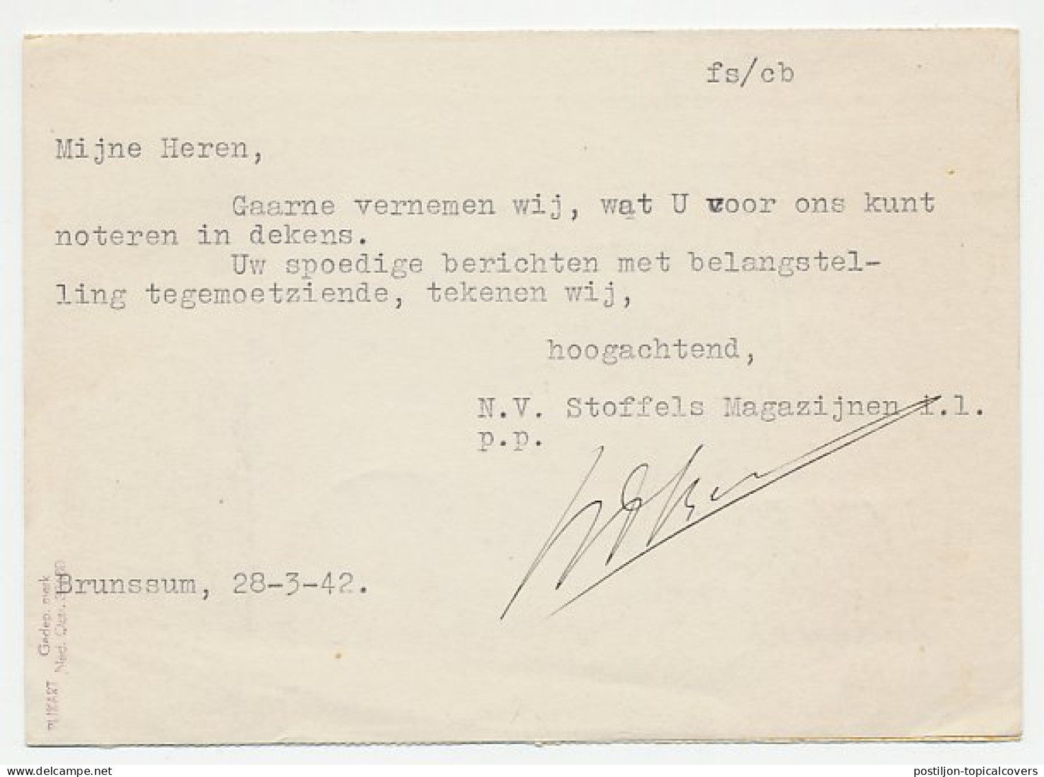 Firma Briefkaart Brunssum 1942 - Woninginrichting - Ohne Zuordnung