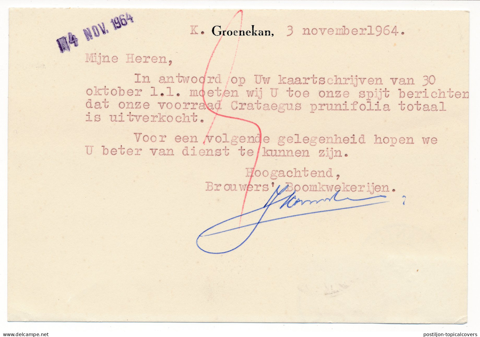 Firma Briefkaart Groenekan 1964 - Boomkwekerij - Ohne Zuordnung