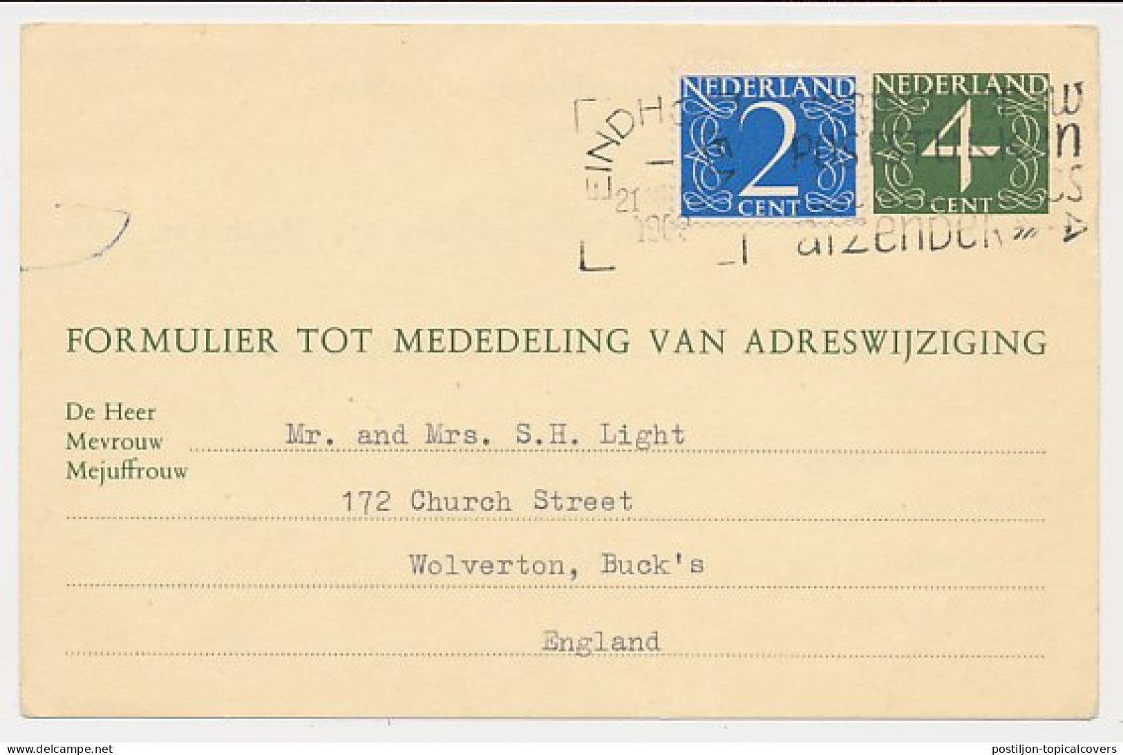 Verhuiskaart G. 26 Eindhoven - GB / UK 1962 - Buitenland  - Interi Postali