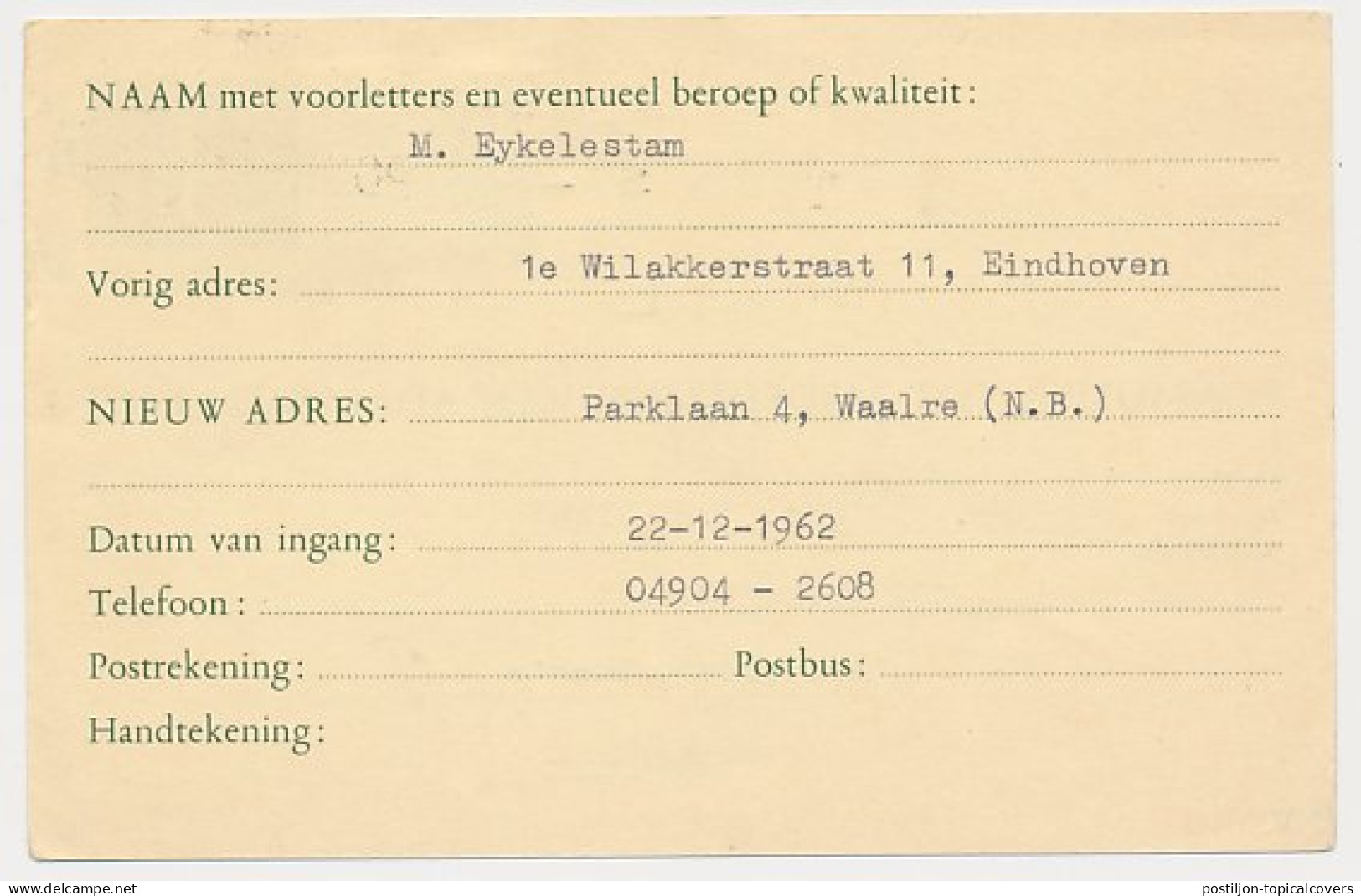 Verhuiskaart G. 26 Eindhoven - GB / UK 1962 - Buitenland  - Entiers Postaux