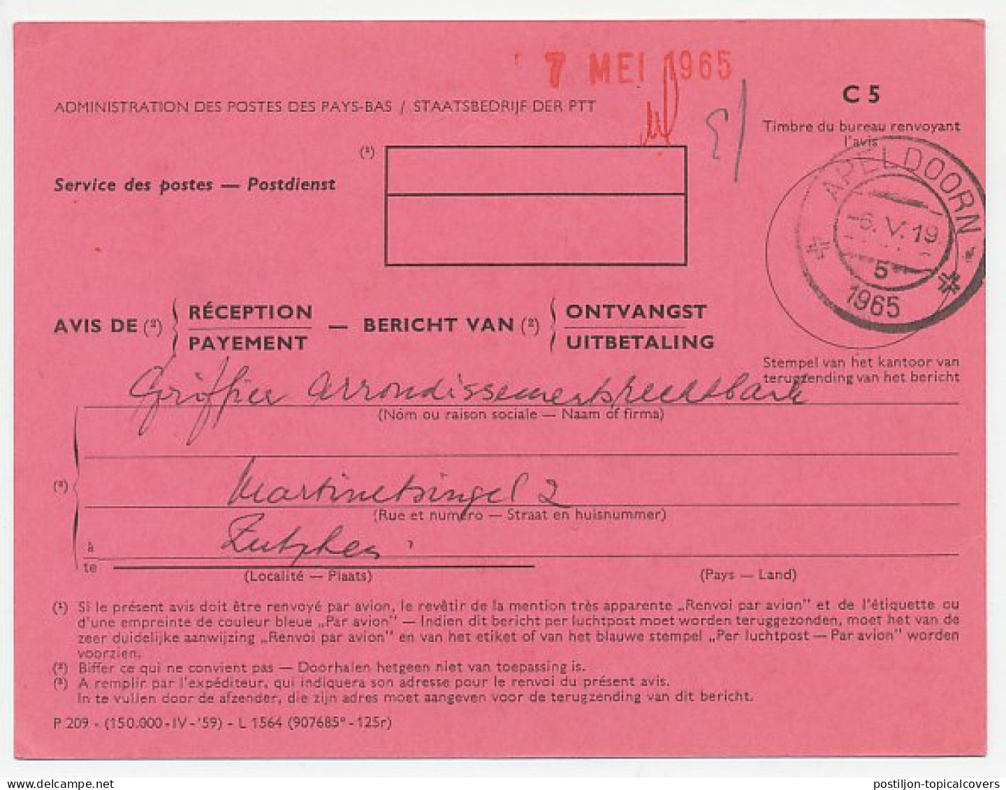 Dienst PTT Apeldoorn - Zutphen 1965 Bericht Van Ontvangst - Unclassified