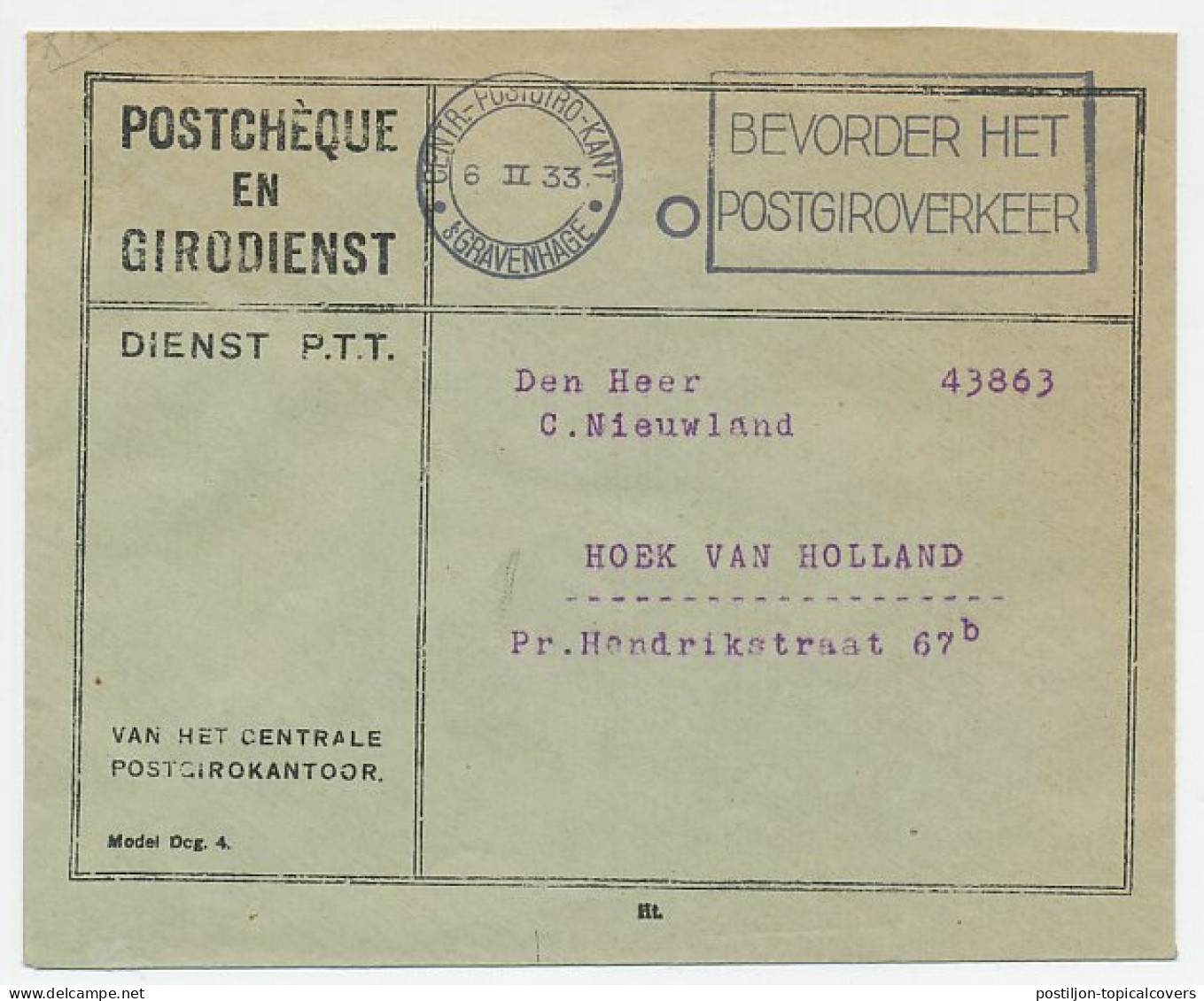 Machinestempel Postgiro Kantoor Den Haag 1933 - Ohne Zuordnung