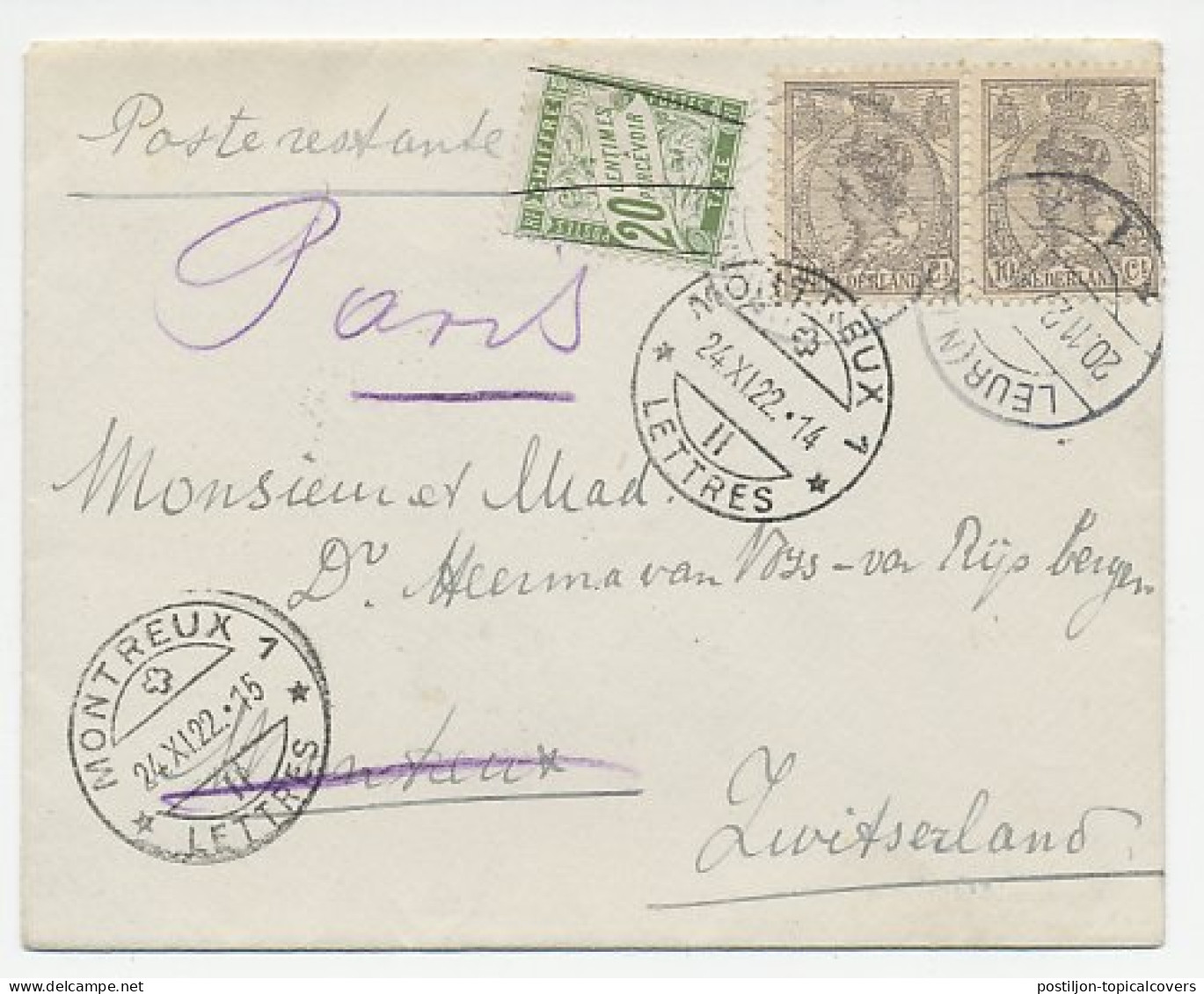 Em. Bontkraag Leur - Zwitserland 1922 - Poste Restante - Ohne Zuordnung