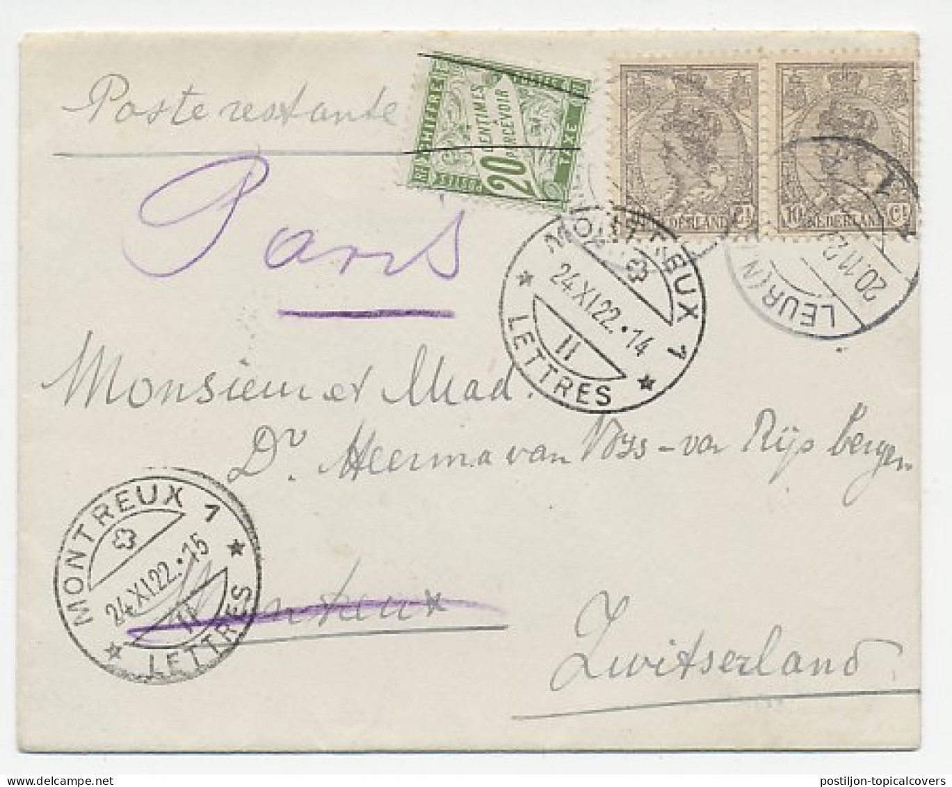 Em. Bontkraag Leur - Zwitserland 1922 - Poste Restante - Unclassified