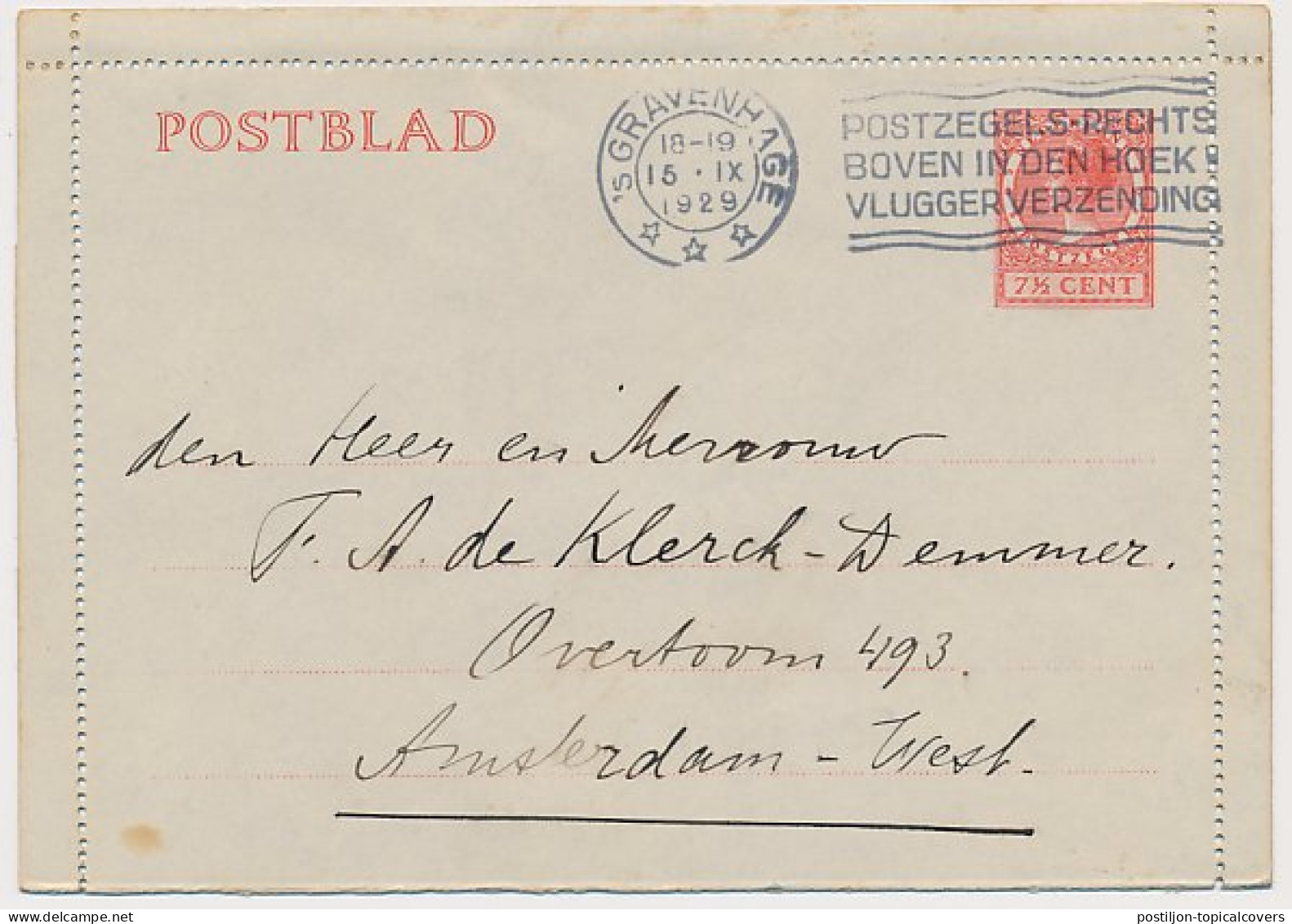 Postblad G. 16 S Gravenhage - Amsterdam 1929 - Entiers Postaux