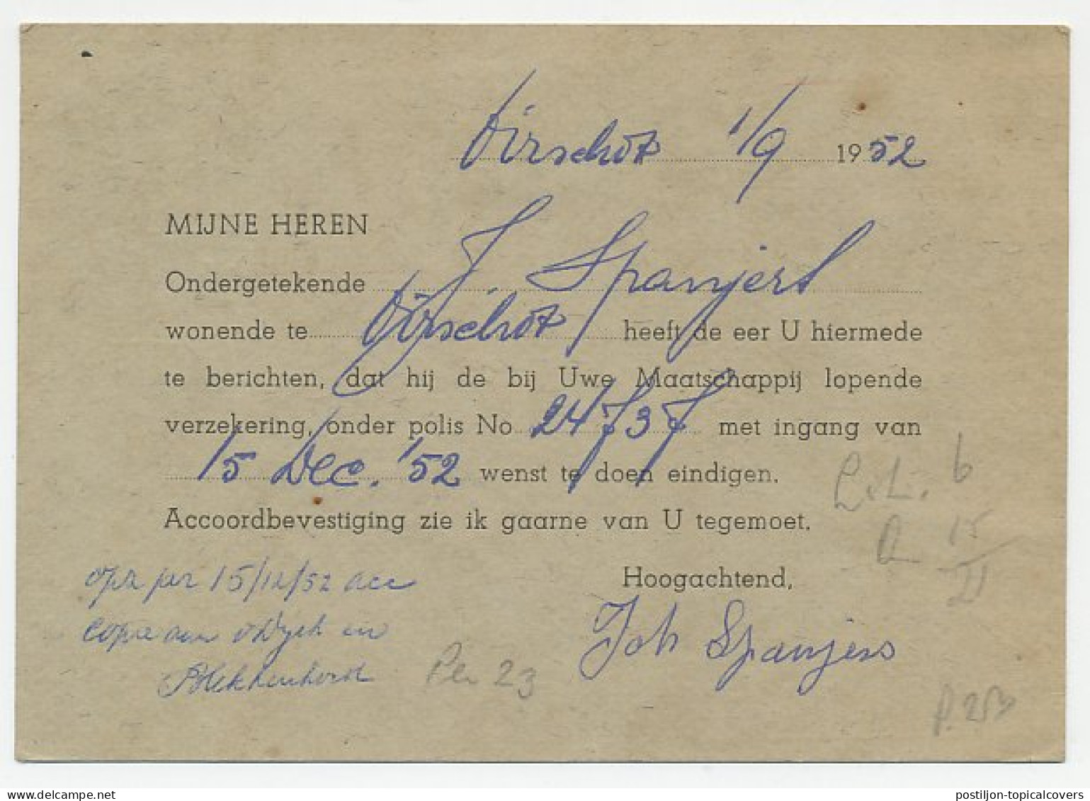 Em. En Face Briefkaart Aangetekend Nuenen - Amsterdam 1952 - Zonder Classificatie