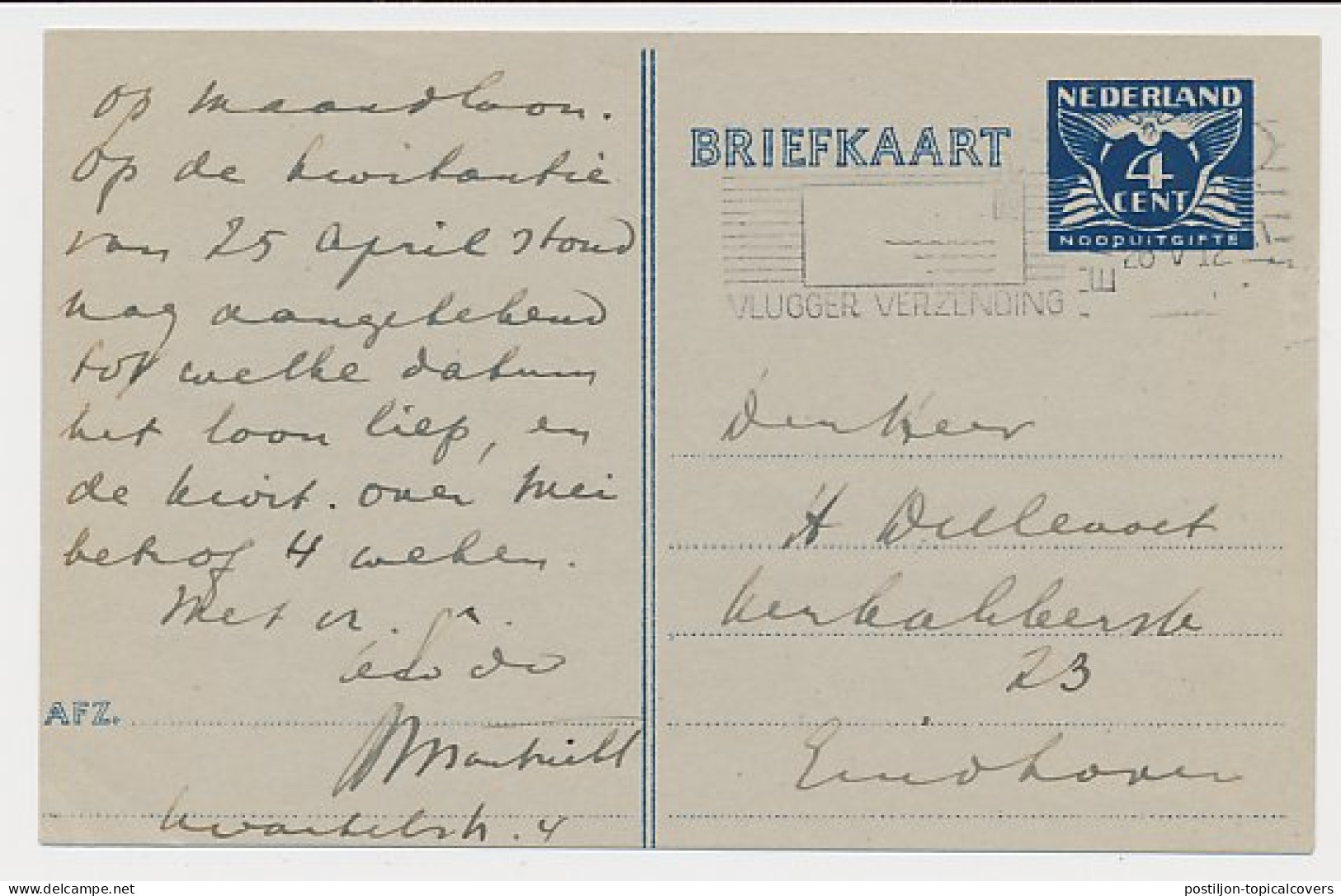 Briefkaart G. 276 B Locaal Te Eindhoven 1945 ( Noodstempel ) - Postal Stationery