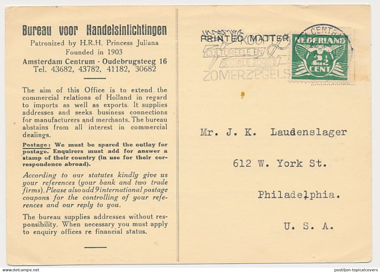 Firma Briefkaart Amsterdam 1937 - Bureau Handelsinlichtingen - Ohne Zuordnung