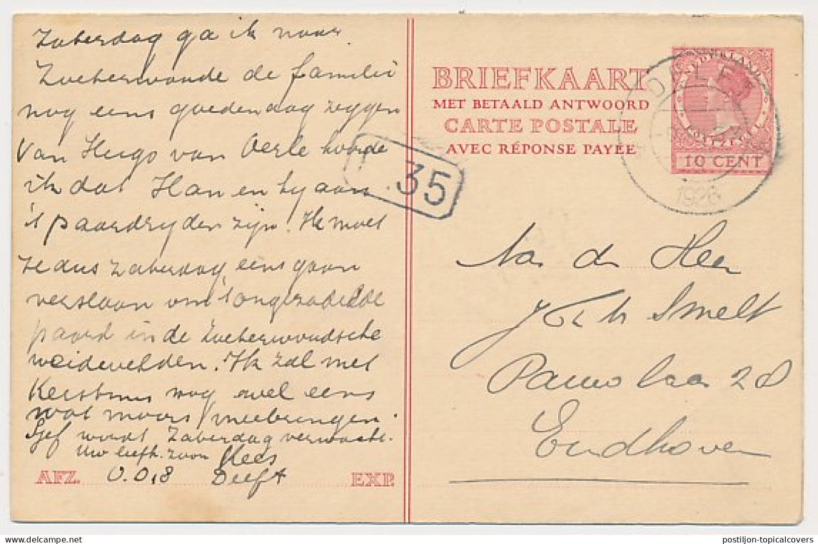 Briefkaart G. 212 Delft - Eindhoven 1926 - Postal Stationery