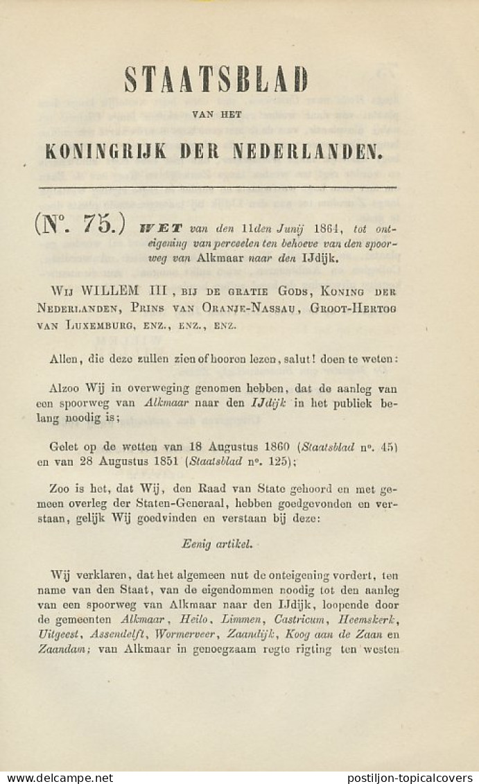 Staatsblad 1864 : Spoorlijn Alkmaar - IJdijk - Historische Documenten