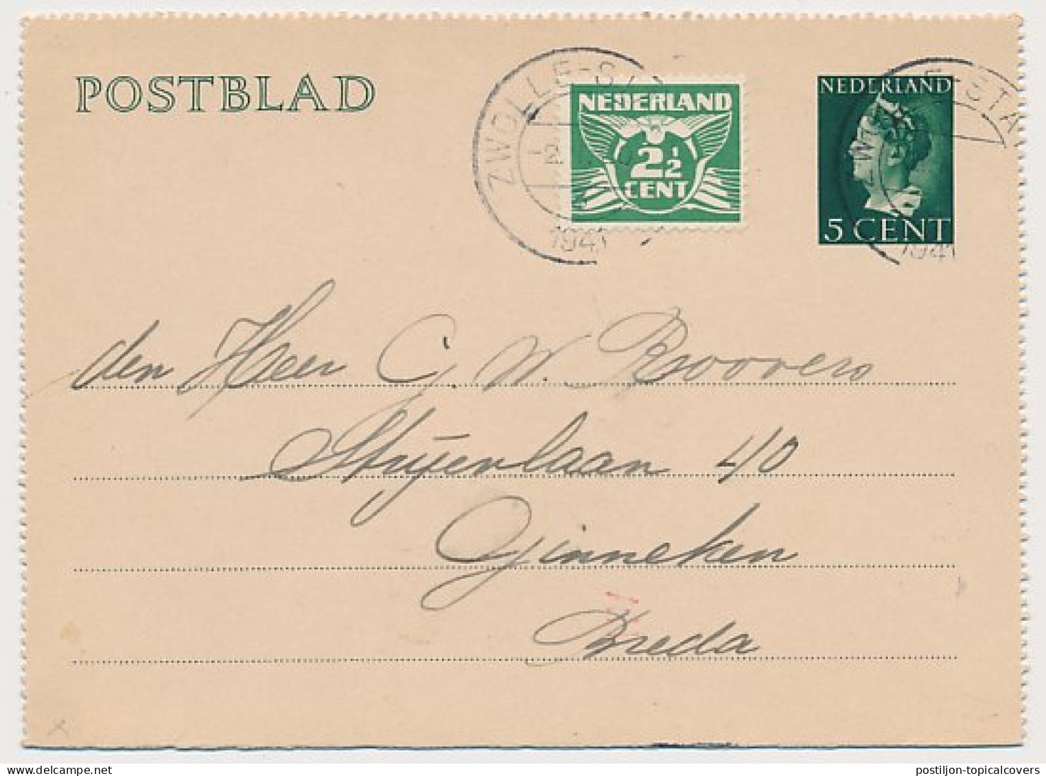 Postblad G. 20 Zwolle - Breda 1941 - Postal Stationery