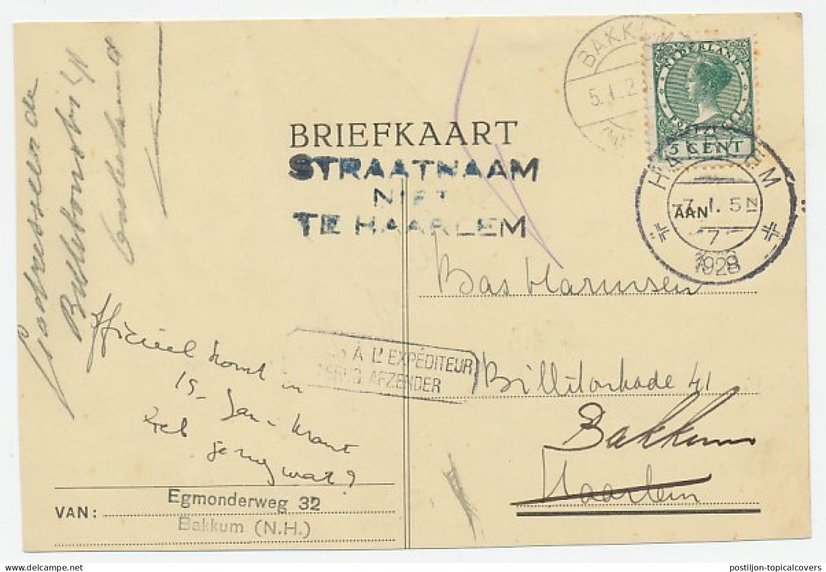 Bakkum - Haarlem 1928 - Terug Afzender - Zonder Classificatie