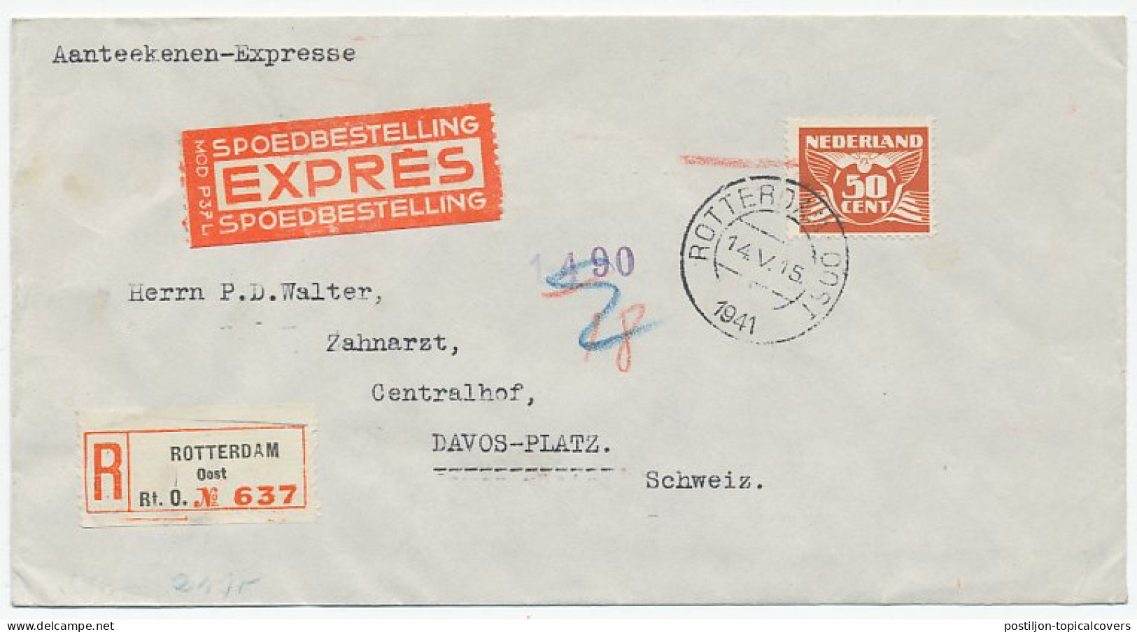 Em. Duif Aangetekend / Expresse Rotterdam - Zwitserland 1941 - Non Classés