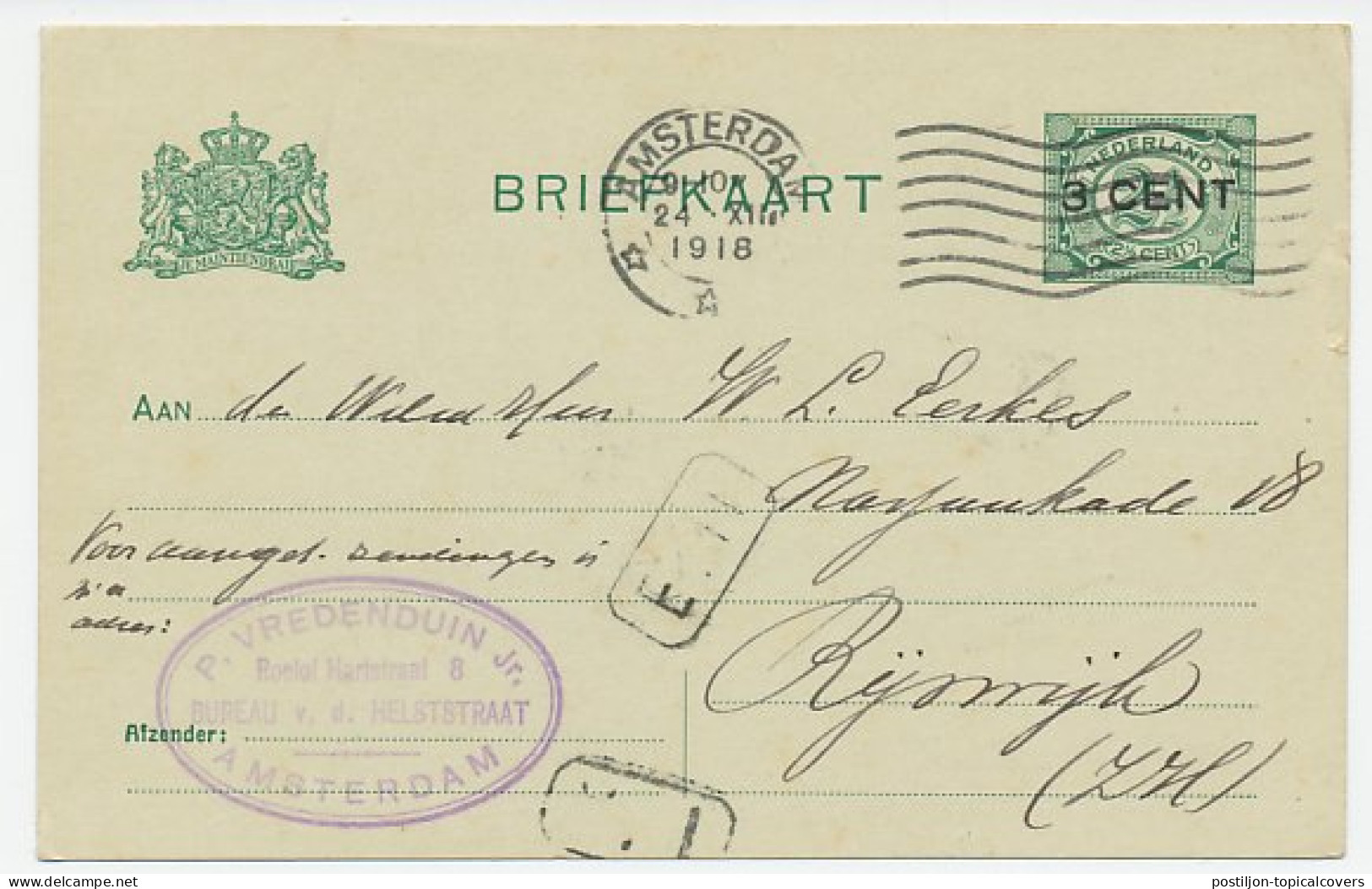 Briefkaart G. 96 A II Amsterdam - Rijswijk 1918 - Interi Postali