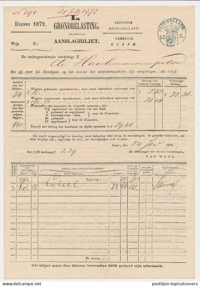 Fiscaal - Aanslagbiljet Lisse - Haarlemmermeerpolder 1872 - Steuermarken