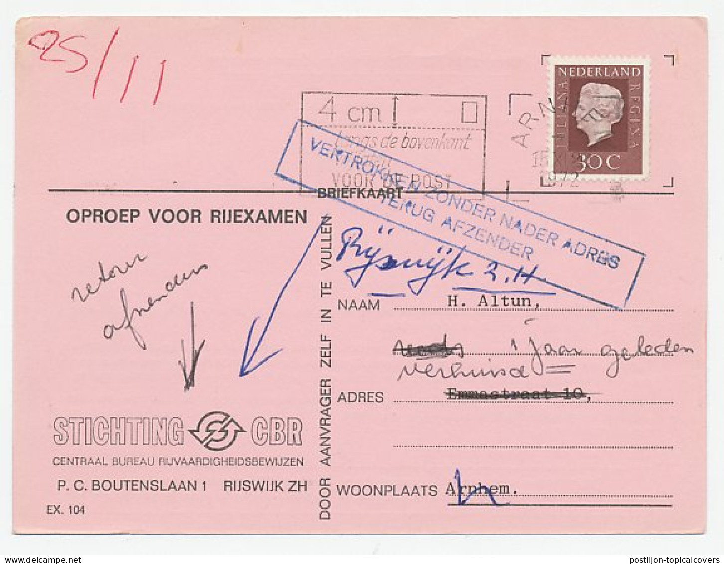 Locaal Te Arnhem 1972 - Vertrokken Zonder Nader Adres - Terug - Unclassified