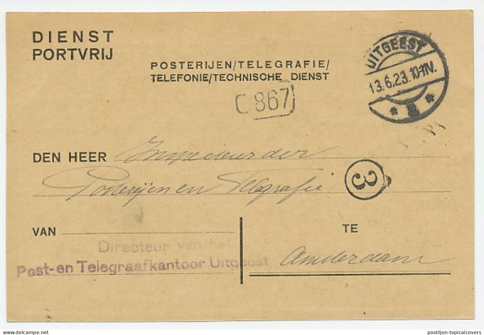 Dienst PTT Uitgeest - Amsterdam 1923 - Bestellerstempel - Unclassified