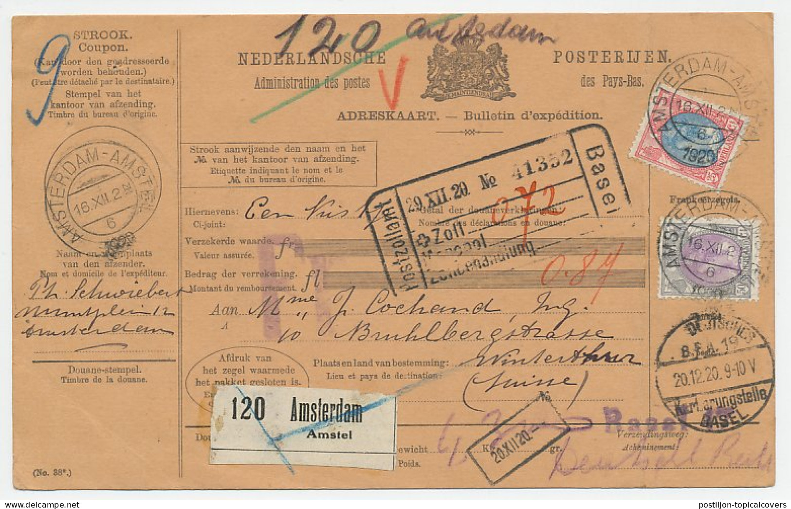 Em. Bontkraag Pakketkaart Amsterdam - Zwitserland 1920 - Unclassified