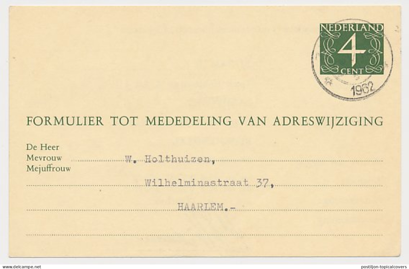 Verhuiskaart G. 26 Particulier Bedrukt Zandvoort 1962 - Interi Postali