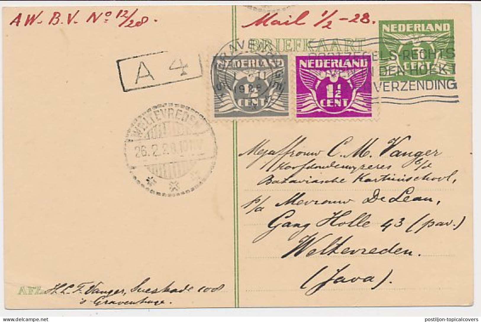 Briefkaart G. 222 / Bijfrankering Den Haag - Ned. Indie 1928 - Ganzsachen