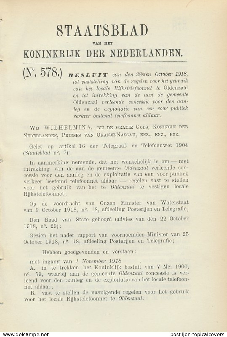 Staatsblad 1918 : Rijkstelefoonnet Oldenzaal  - Historical Documents