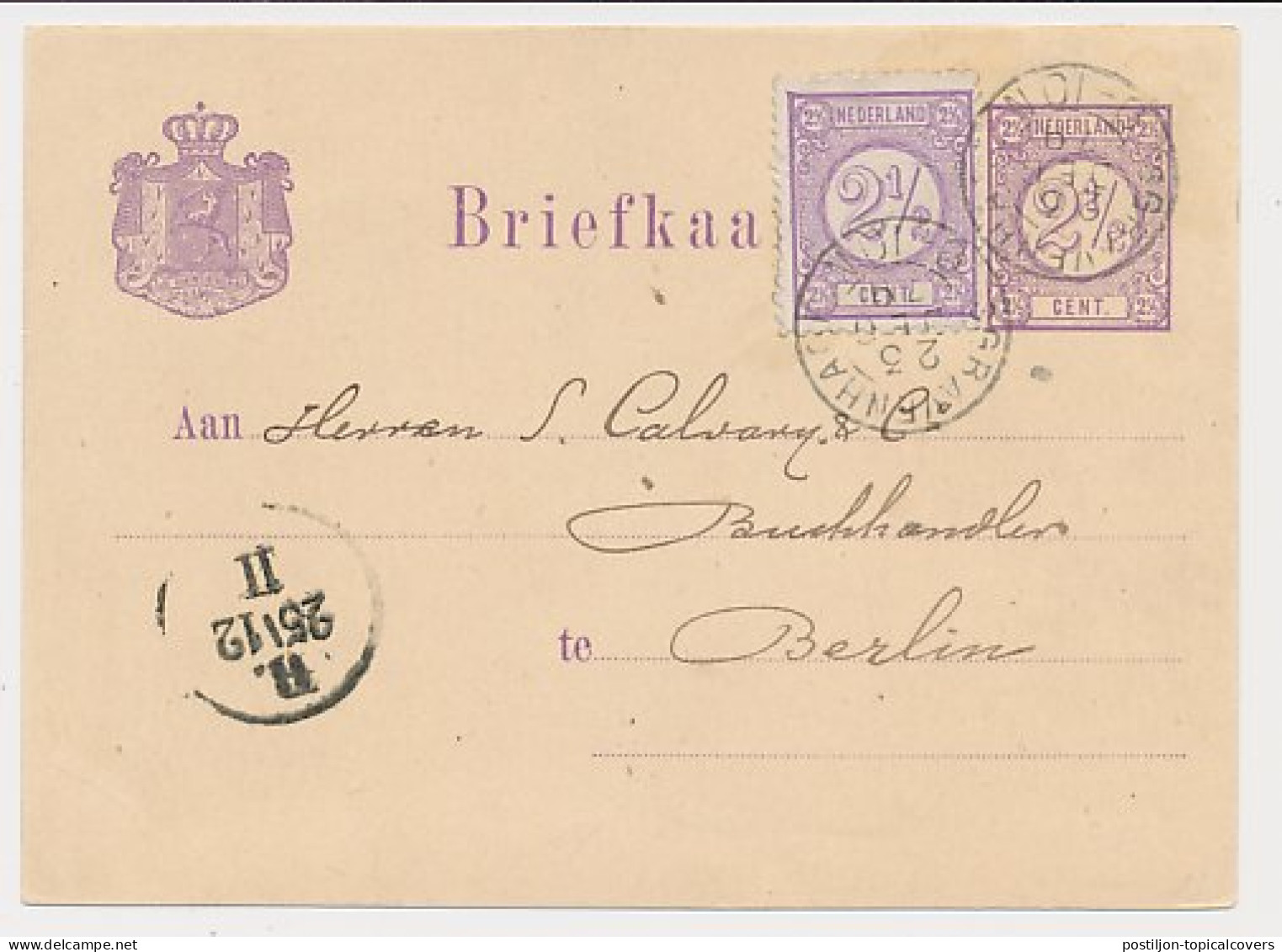 Briefkaart G. 18 / Bijfrankering Den Haag - Duitsland 1879 - Interi Postali