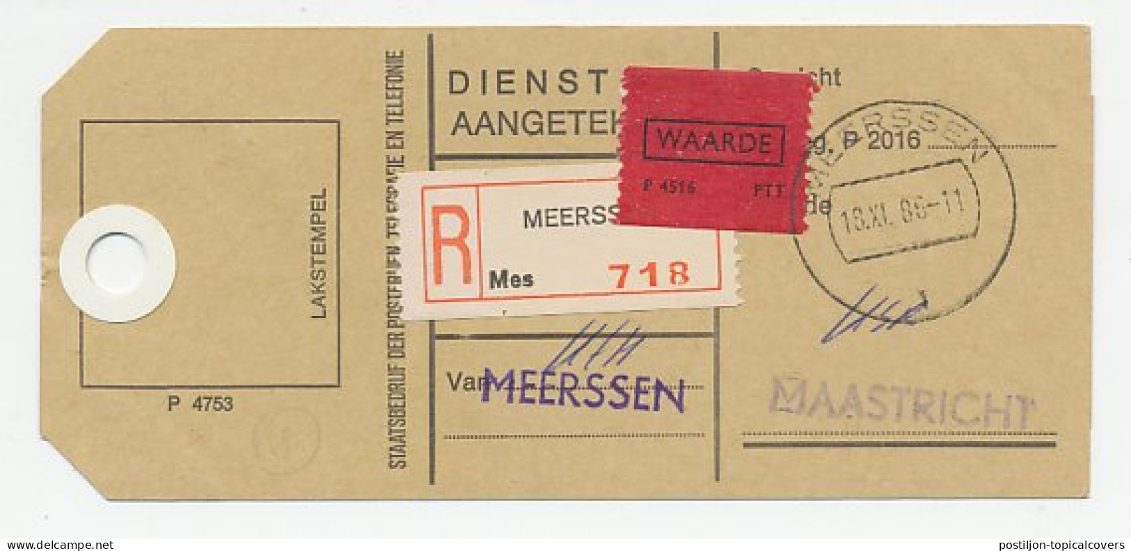 Postzaklabel Aangetekend / Waarde Meerssen - Maastricht 1986 - Unclassified