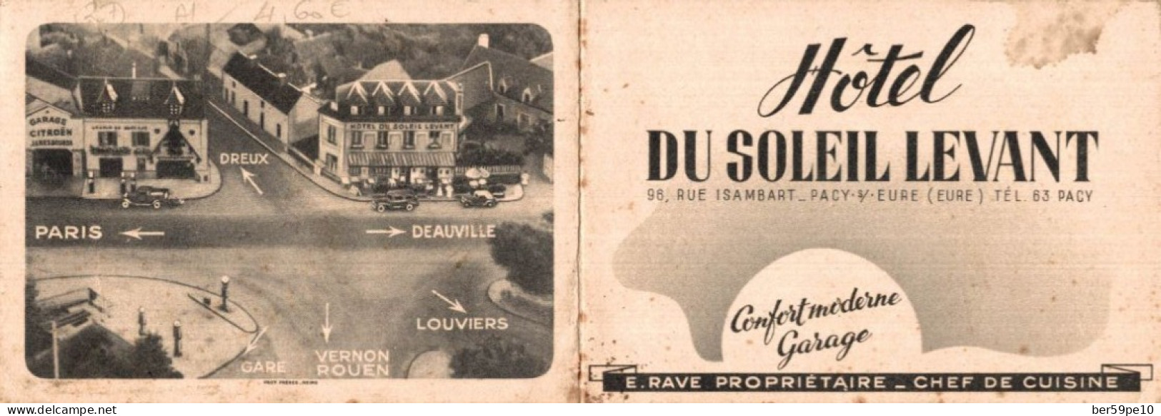 CHROMO CARTE PUBLICITAIRE HOTEL DU SOLEIL LEVANT A PACY S/ EURE E. RAVE PROPRIETAIRE PHOTO DE L'EMPLACEMENT DE L'HOTEL - Autres & Non Classés