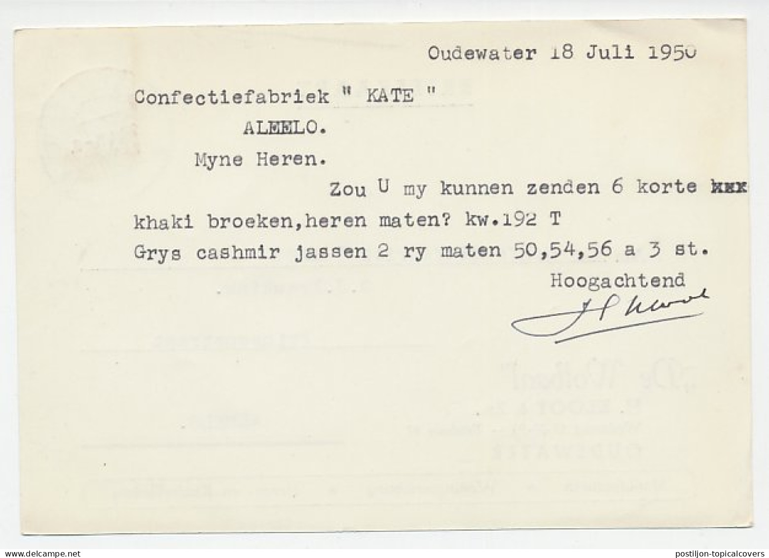 Firma Briefkaart Oudewater 1950 - Manufacturen / Kleding - Non Classificati