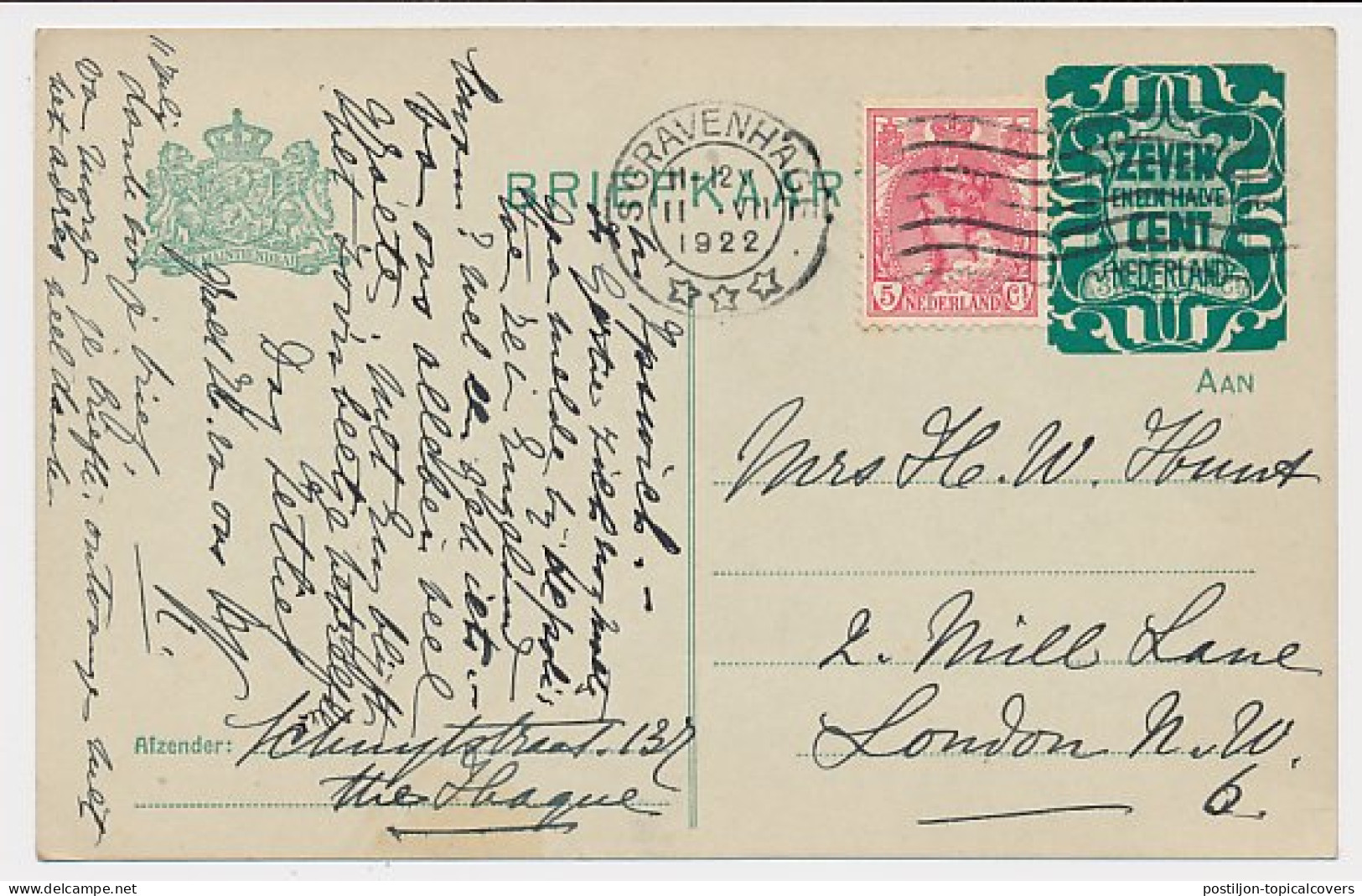 Briefkaart G. 168 A I / Bijfrankering Den Haag - GB / UK 1922 - Ganzsachen