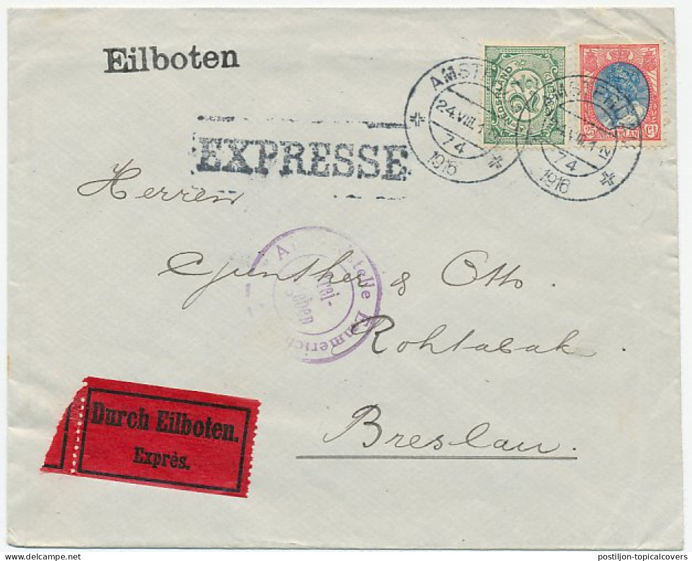 Em. Bontkraag Expresse Amsterdam - Duitsland 1916 - Non Classés